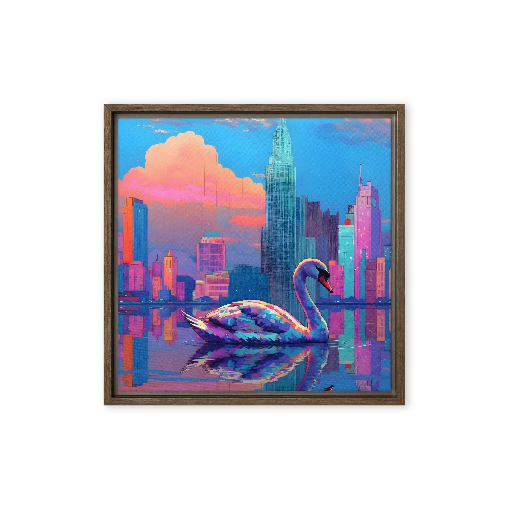 Neon Swan Skyline 
 Canvas with Brown Frame
