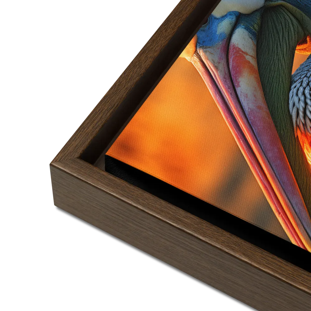 Elegance of the Pelican at Sunset | Canvas with Brown Frame | 12″×16″
