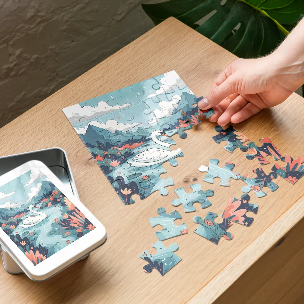 Swan on Mountain Lake 
 Jigsaw Puzzle in Tin Box