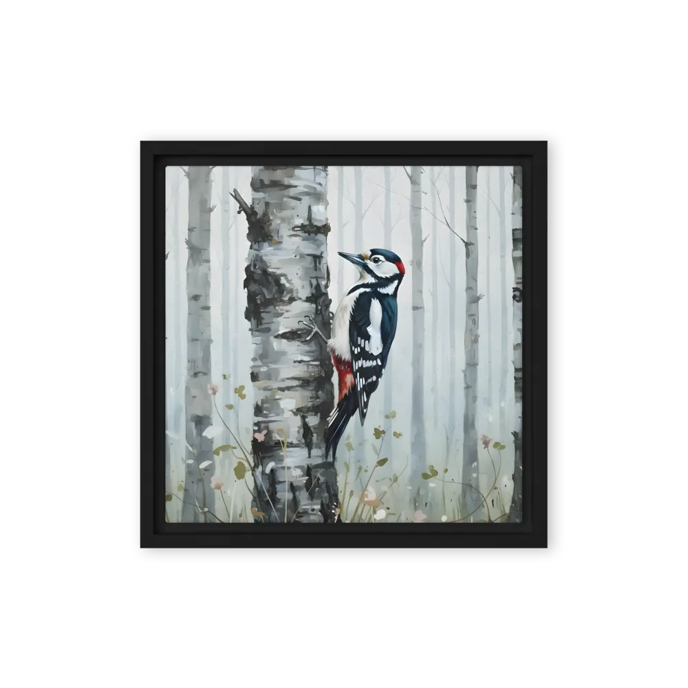 Woodpecker on Birch 
 Canvas with Black Frame | 12″x 12″
