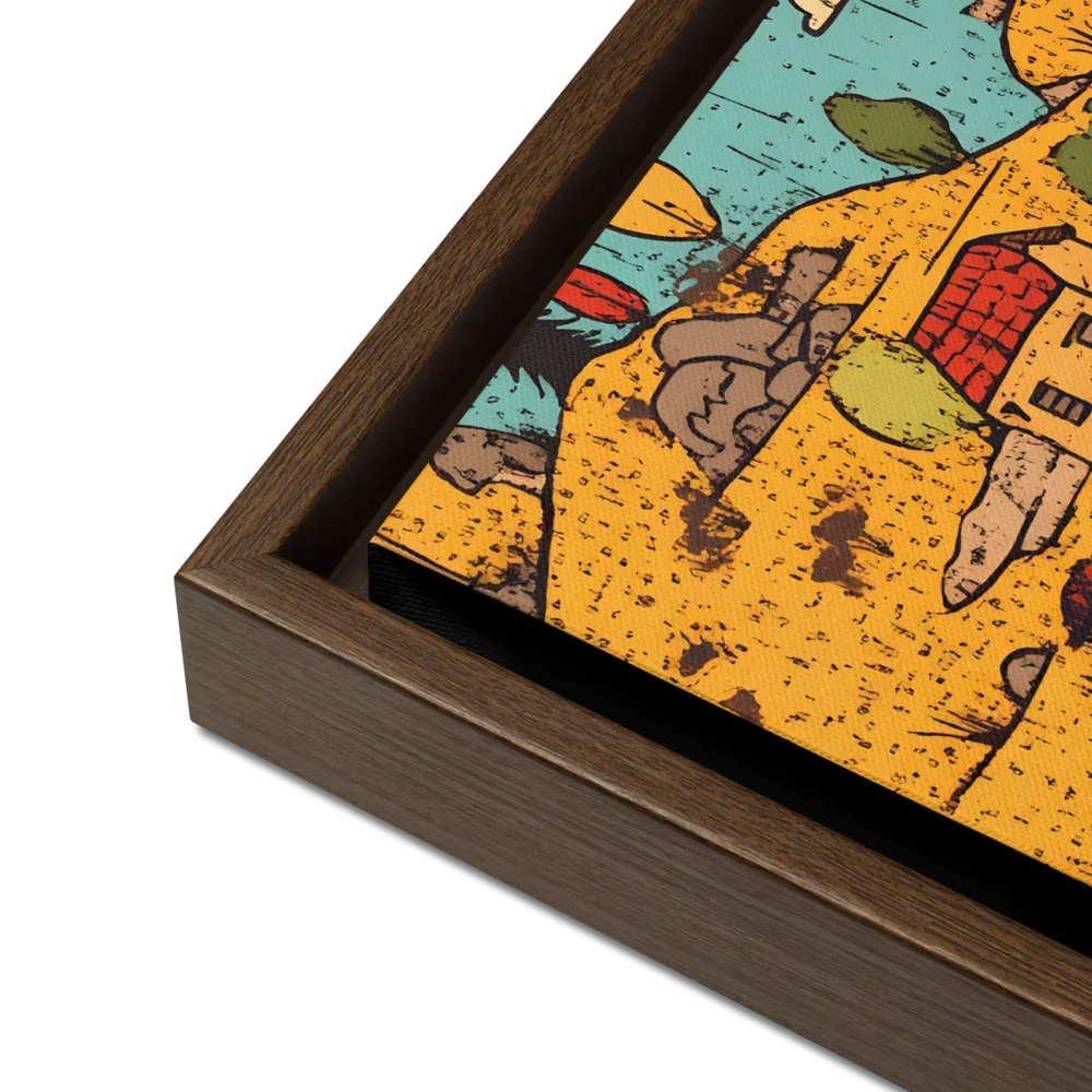 Whimsical Village Landscape | Canvas with Brown Frame | 16″×16″