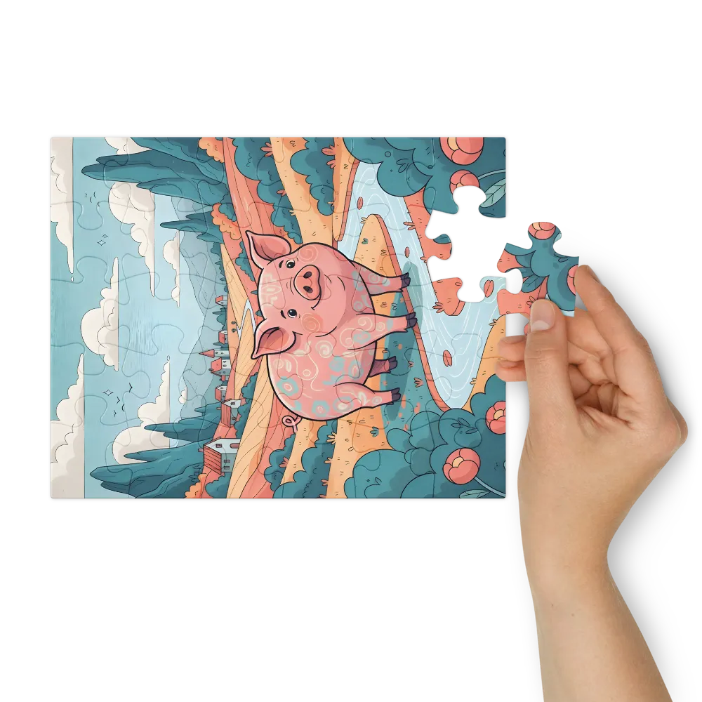 Pastel Meadow Pig 
 Jigsaw Puzzle in Tin Box