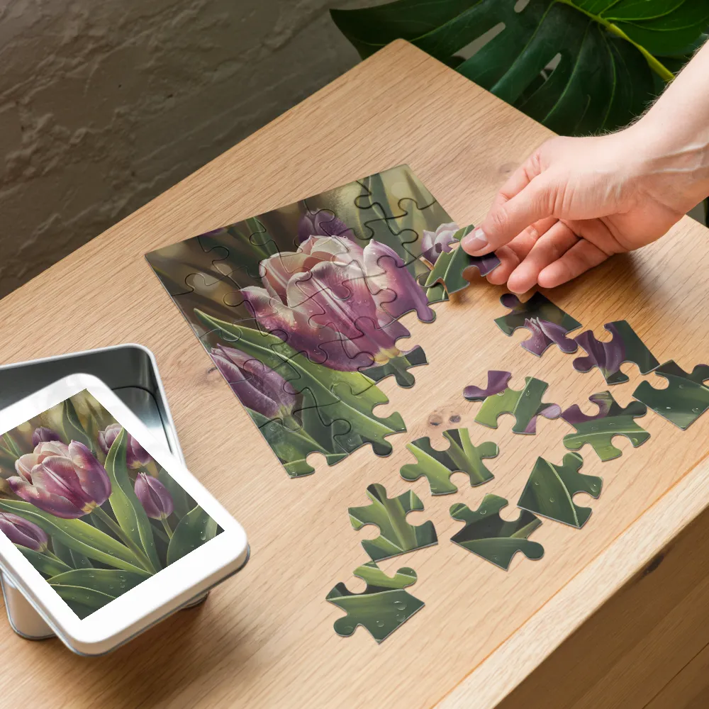 Dewy Purple Tulip 
 Jigsaw Puzzle in Tin Box