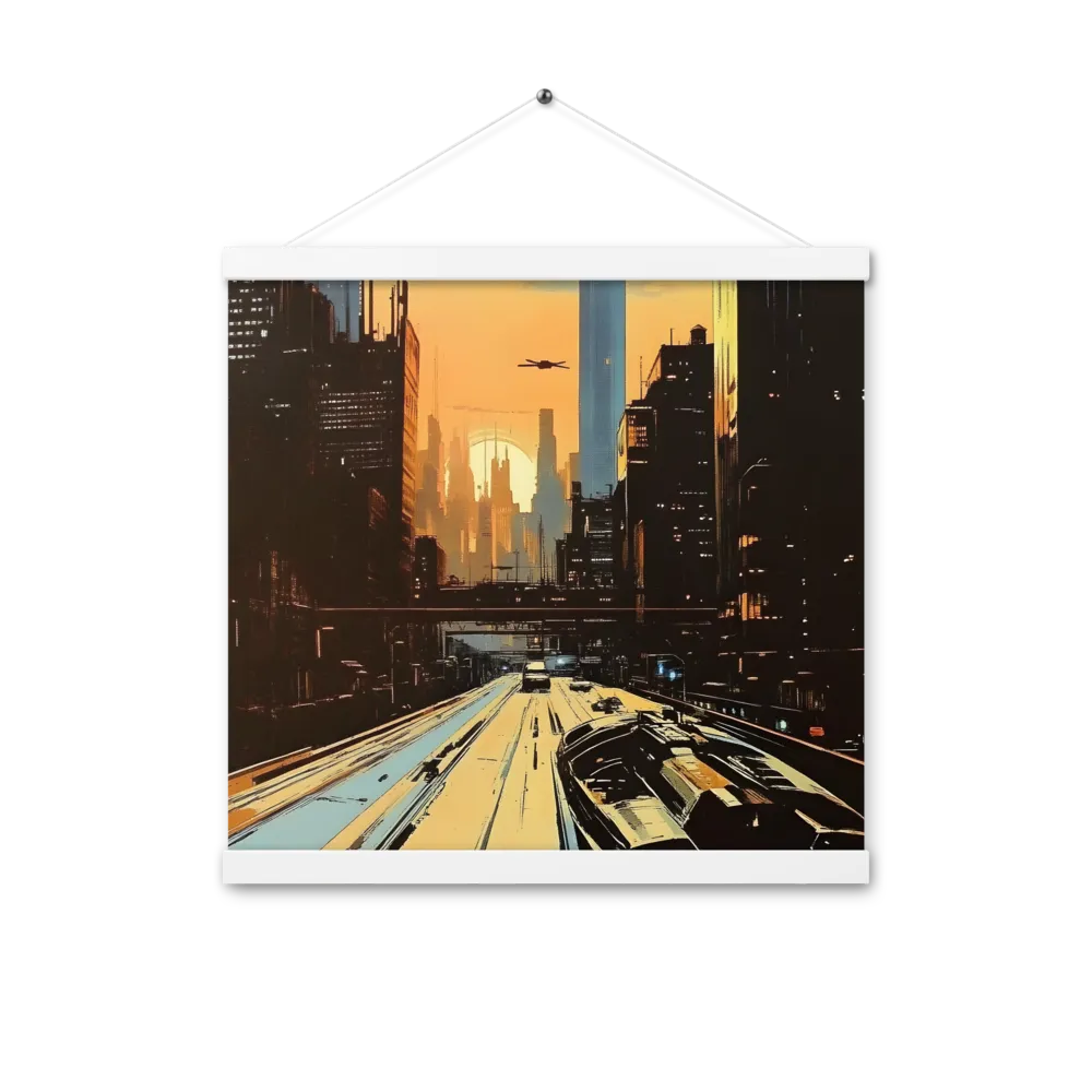Metro Nexus: A Futuristic Cityscape | Poster With White Wood Hanger | 16″×16″
