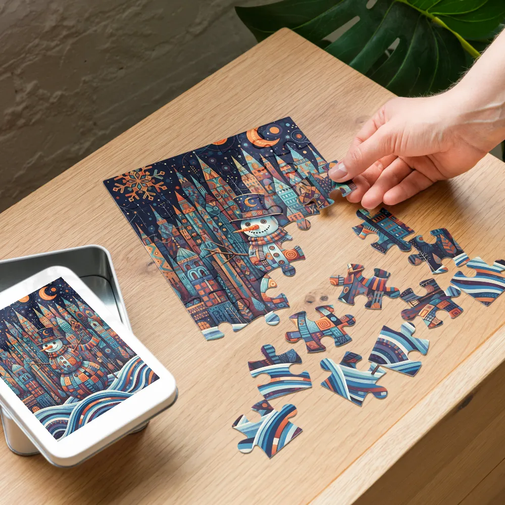 Patchwork Snowman 
 Jigsaw Puzzle in Tin Box