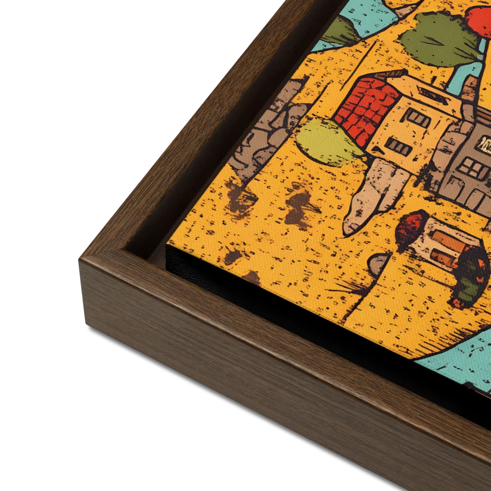 Whimsical Village Landscape | Canvas with Brown Frame | 12″×16″