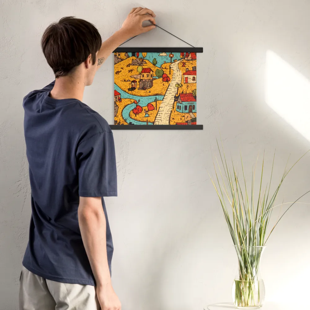 Whimsical Village Landscape | Poster With Black Wood Hanger | 14″×14″