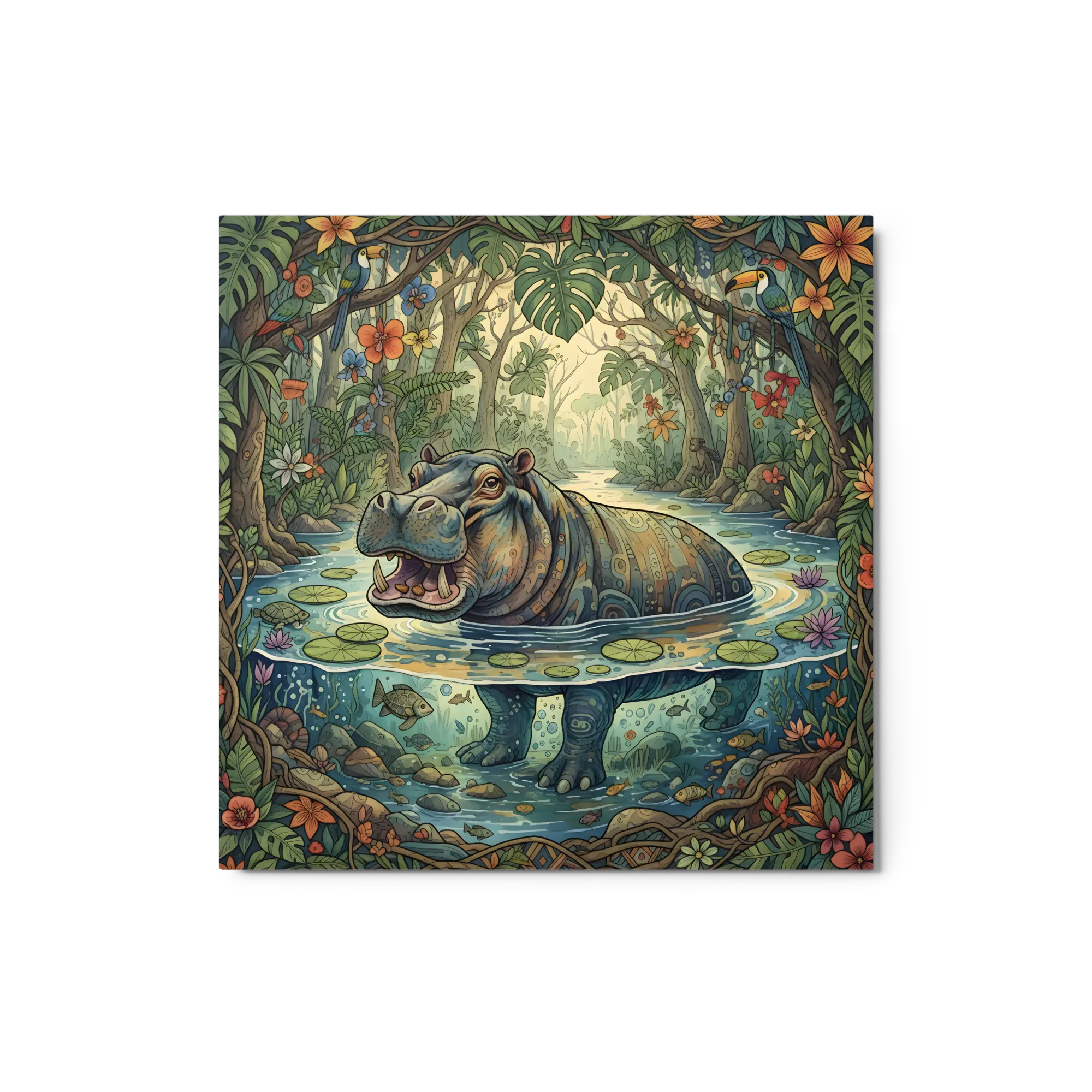 Jungle River Hippo Illustration 
 Metal Print | 12″x 12″