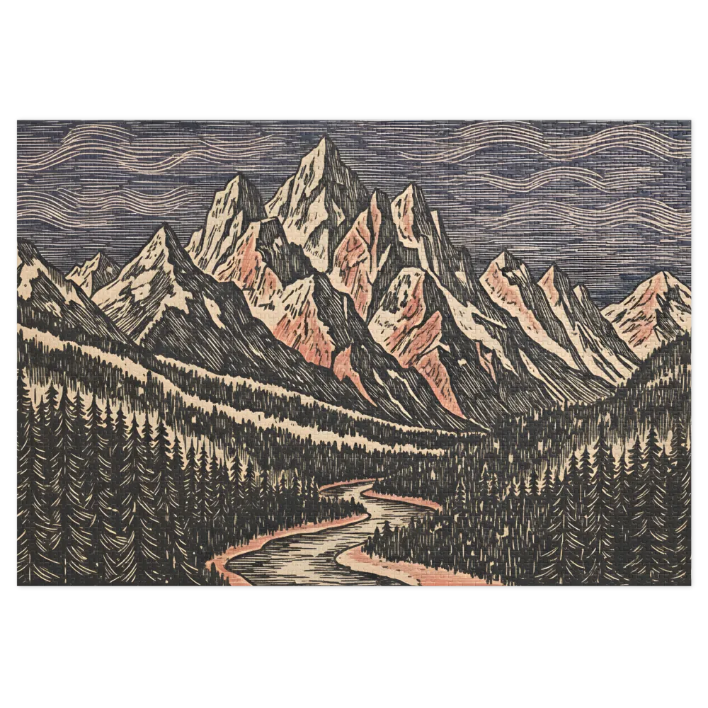 Alpine Riverwood Engraving 
 Jigsaw Puzzle in Tin Box