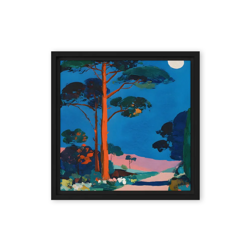 Moonlit Pine Path 
 Canvas with Black Frame | 12″x 12″