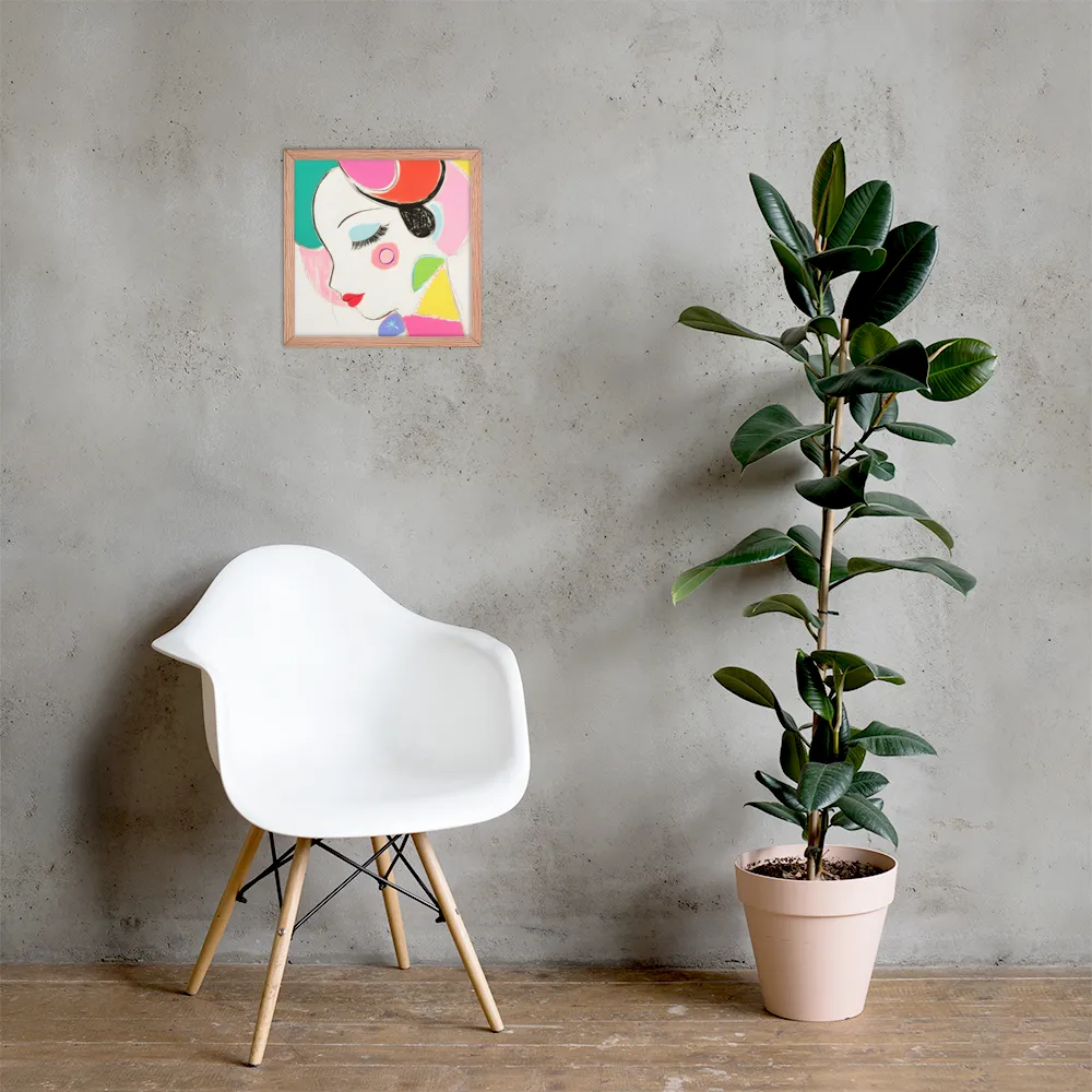 Whimsical Portrait in Colorful Abstraction | Poster with Red oak Frame | 14″×14″