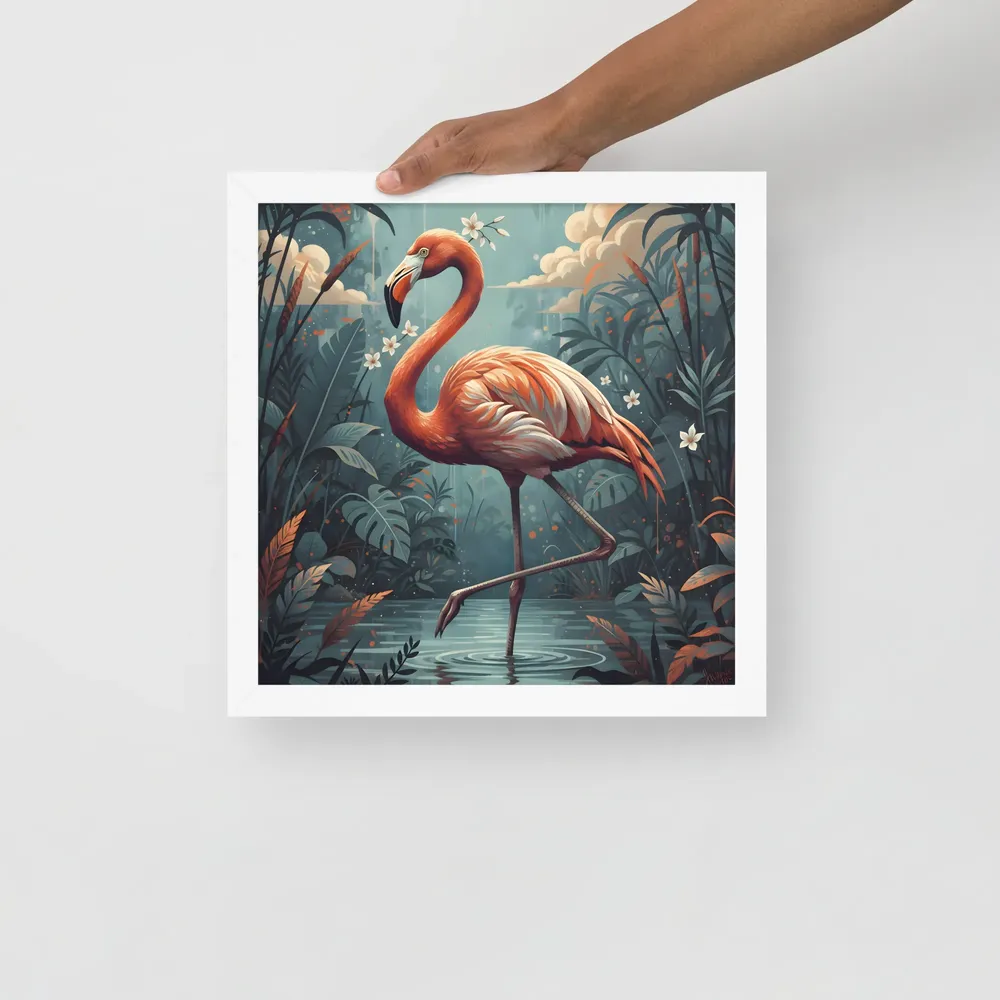 Twilight Flamingo 
 Poster with White Frame | 14″x 14″
