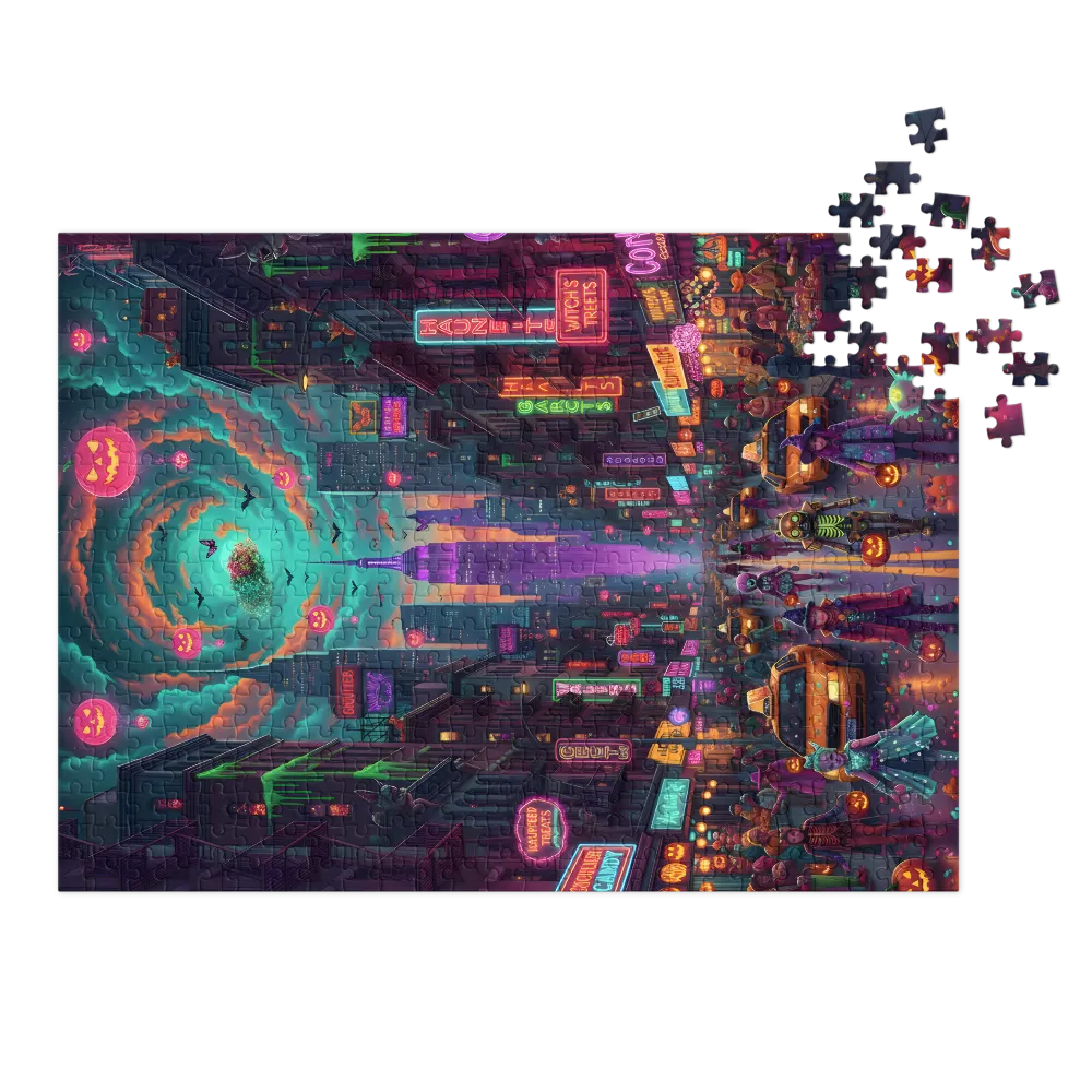 Enchanted Halloween City Celebration 
 Jigsaw Puzzle in Tin Box