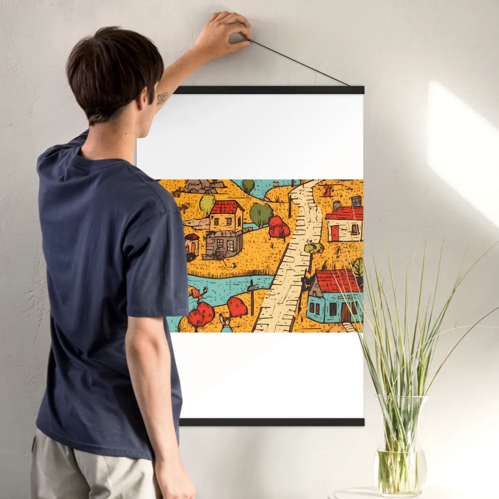 Whimsical Village Landscape | Poster With Black Wood Hanger | 24″×36″