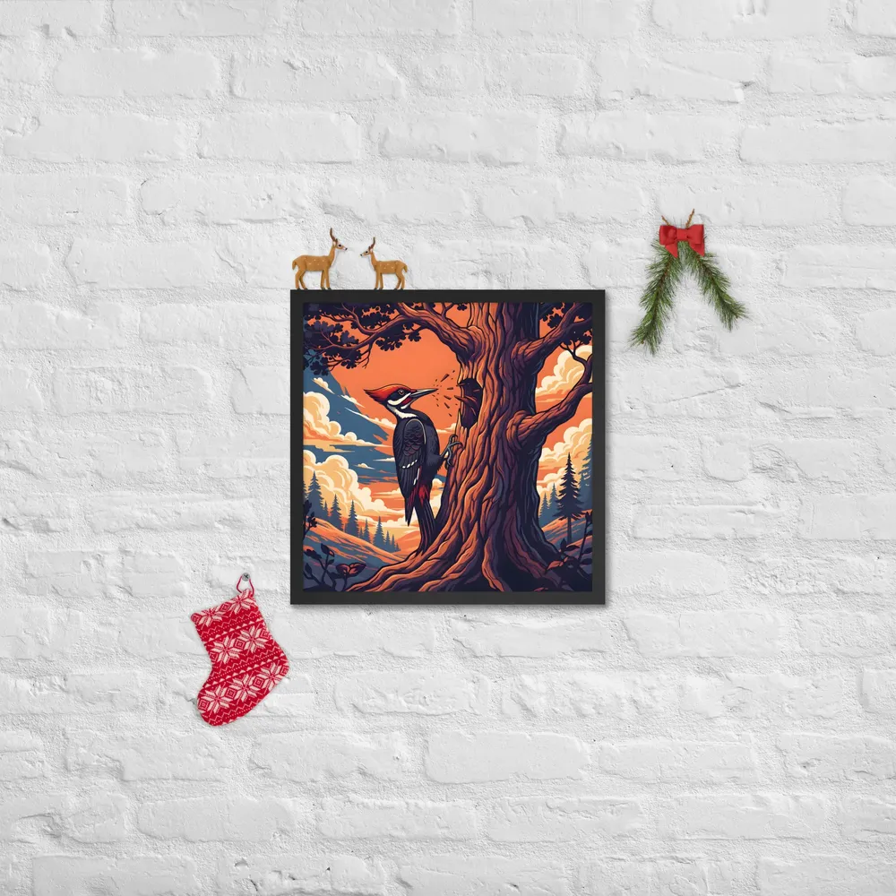 Woodpecker at Sunset 
 Poster with Black Frame | 18″x 18″