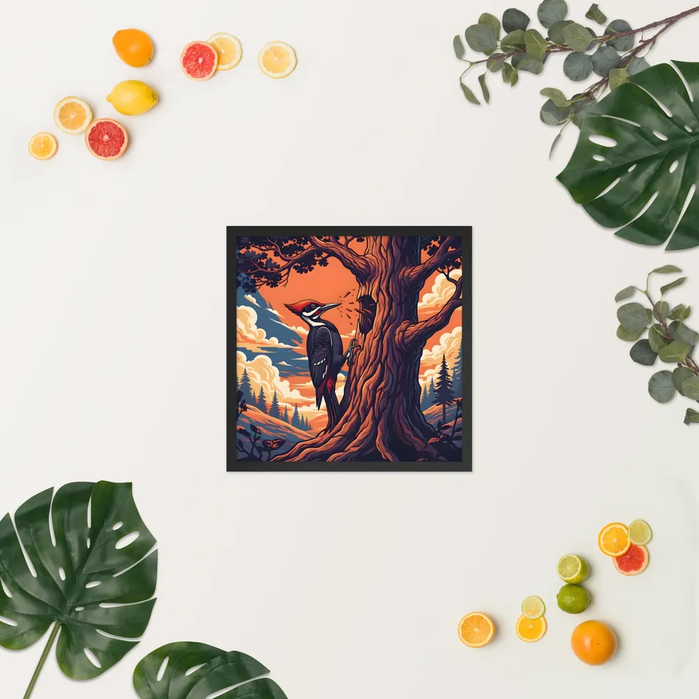 Woodpecker at Sunset 
 Poster with Black Frame | 18″x 18″