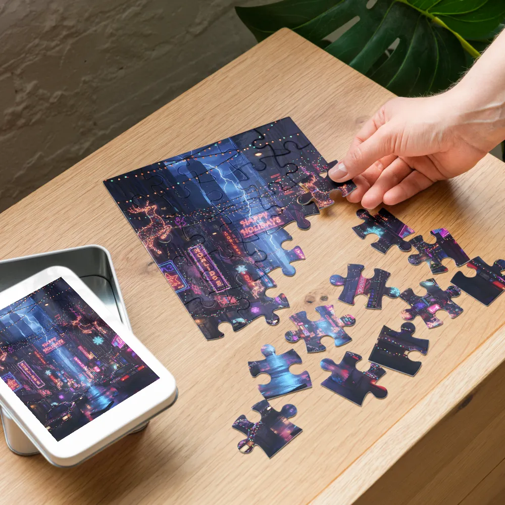 Neon Holiday Street 
 Jigsaw Puzzle in Tin Box