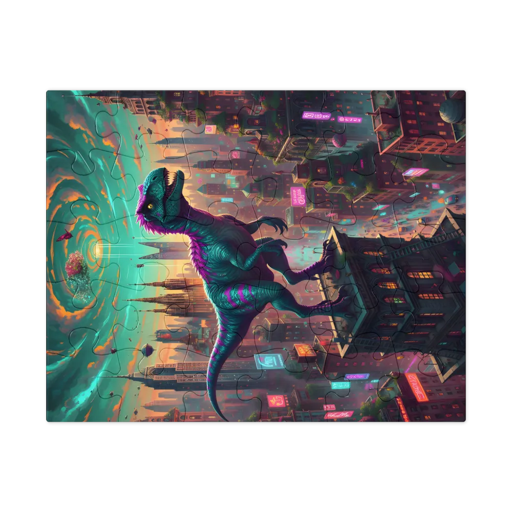 Neon Raptor Skyline 
 Jigsaw Puzzle in Tin Box