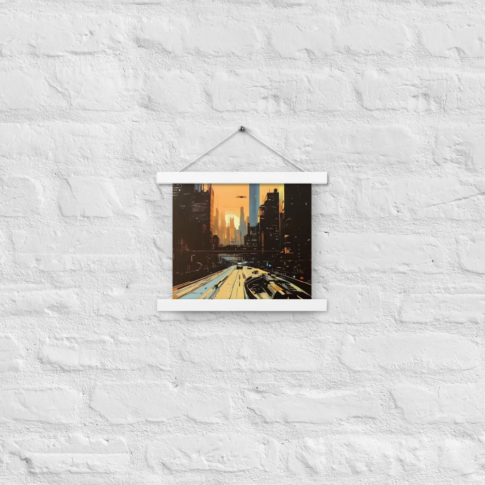 Metro Nexus: A Futuristic Cityscape | Poster With White Wood Hanger | 10″×10″