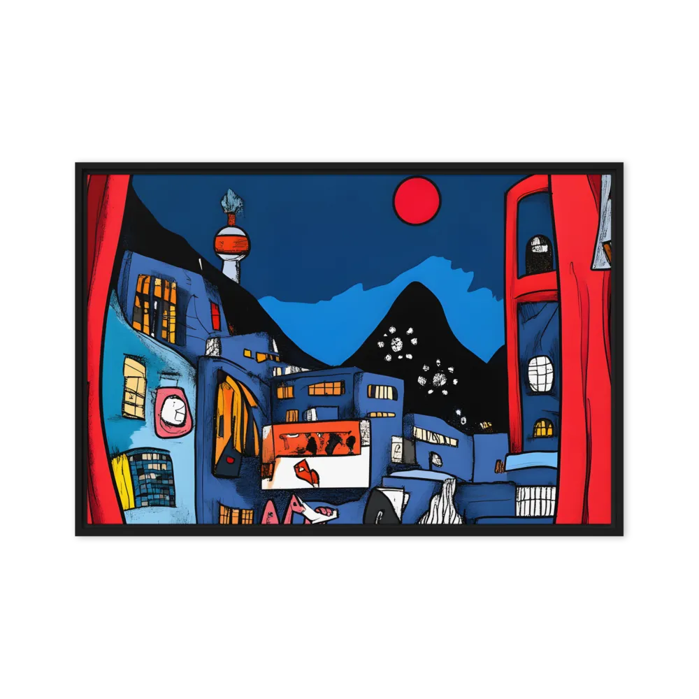 Whimsical Cityscape at Night | Canvas with Black Frame | 20″×30″