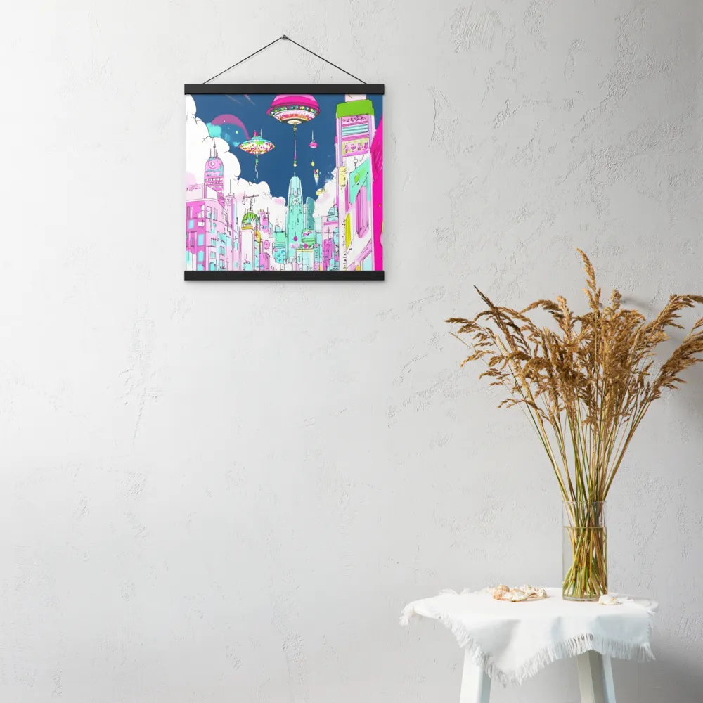 Futuristic Cityscape with Floating Structures | Poster With Black Wood Hanger | 16″×16″