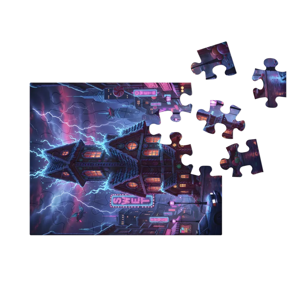 Neon Gingerbread House 
 Jigsaw Puzzle in Tin Box