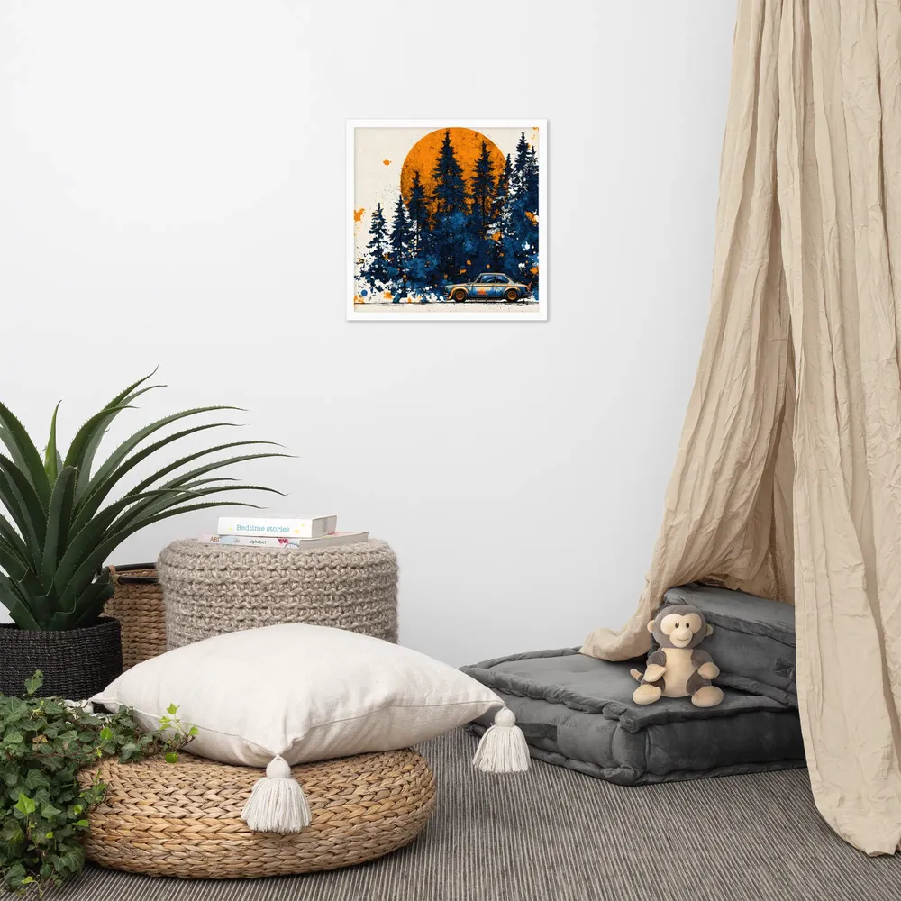 Sunset Forest Drive 
 Poster with White Frame | 18″x 18″