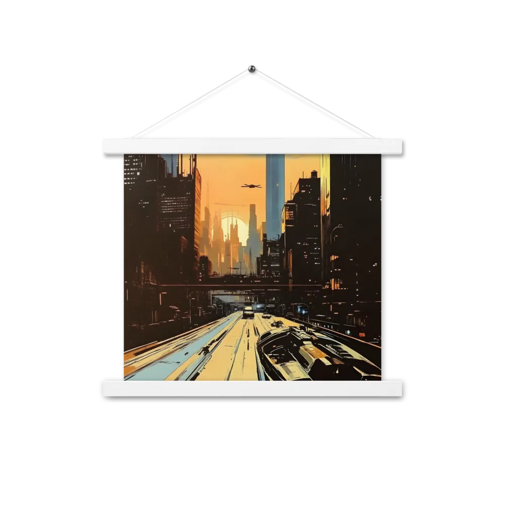 Metro Nexus: A Futuristic Cityscape | Poster With White Wood Hanger | 14″×14″