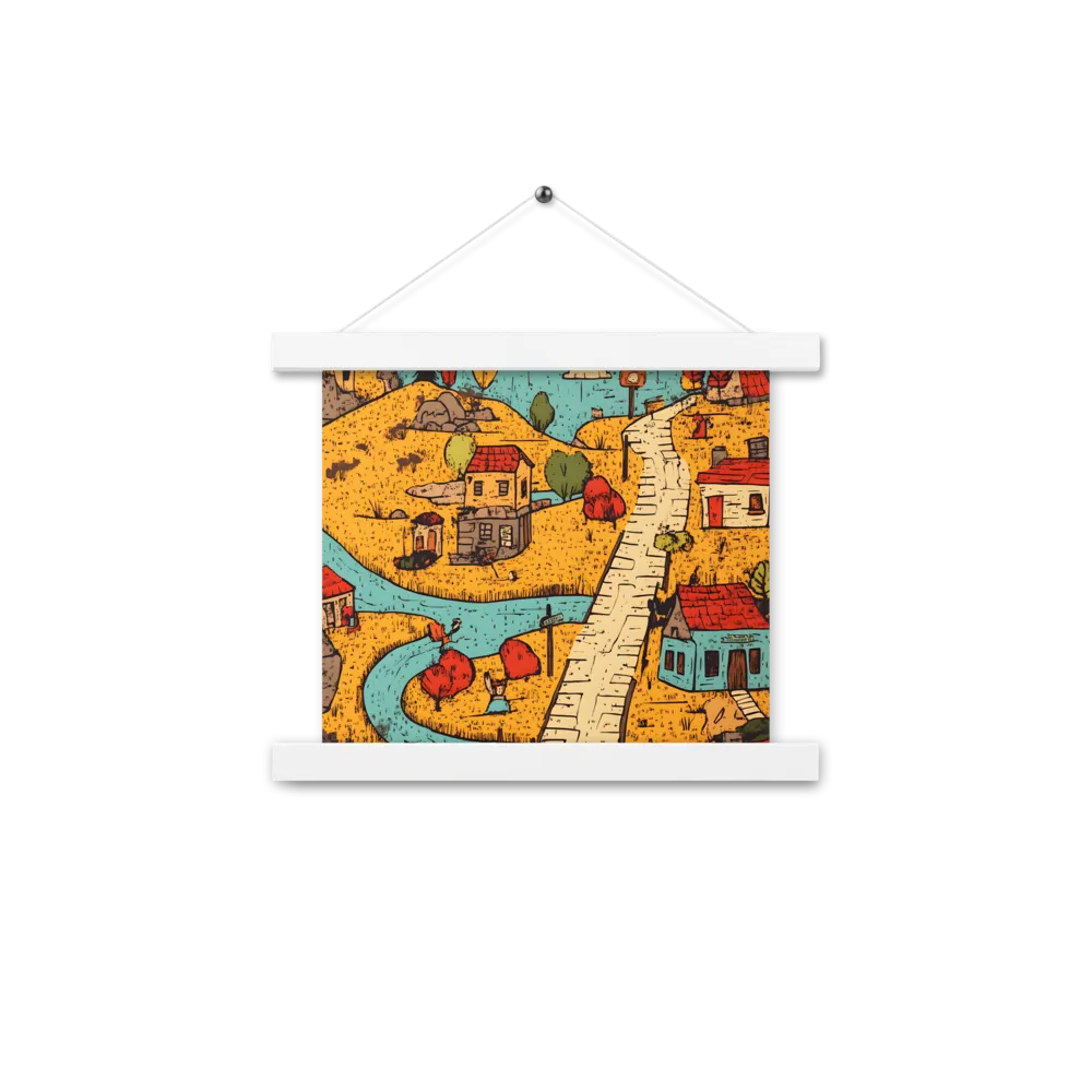 Whimsical Village Landscape | Poster With White Wood Hanger | 10″×10″