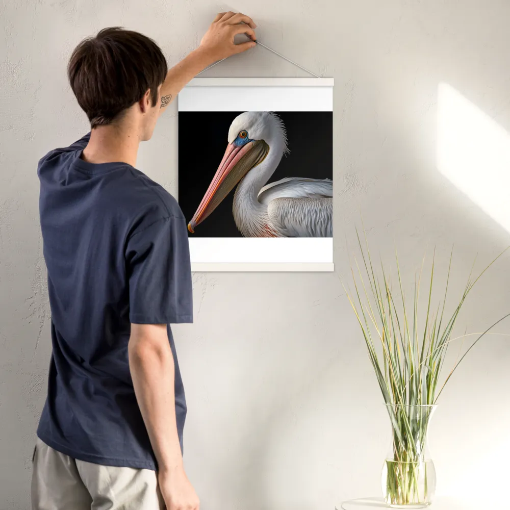Elegance in White: The Pelican | Poster With White Wood Hanger | 16″×20″