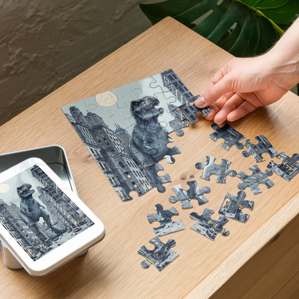 Tyrannosaurus in the City 
 Jigsaw Puzzle in Tin Box