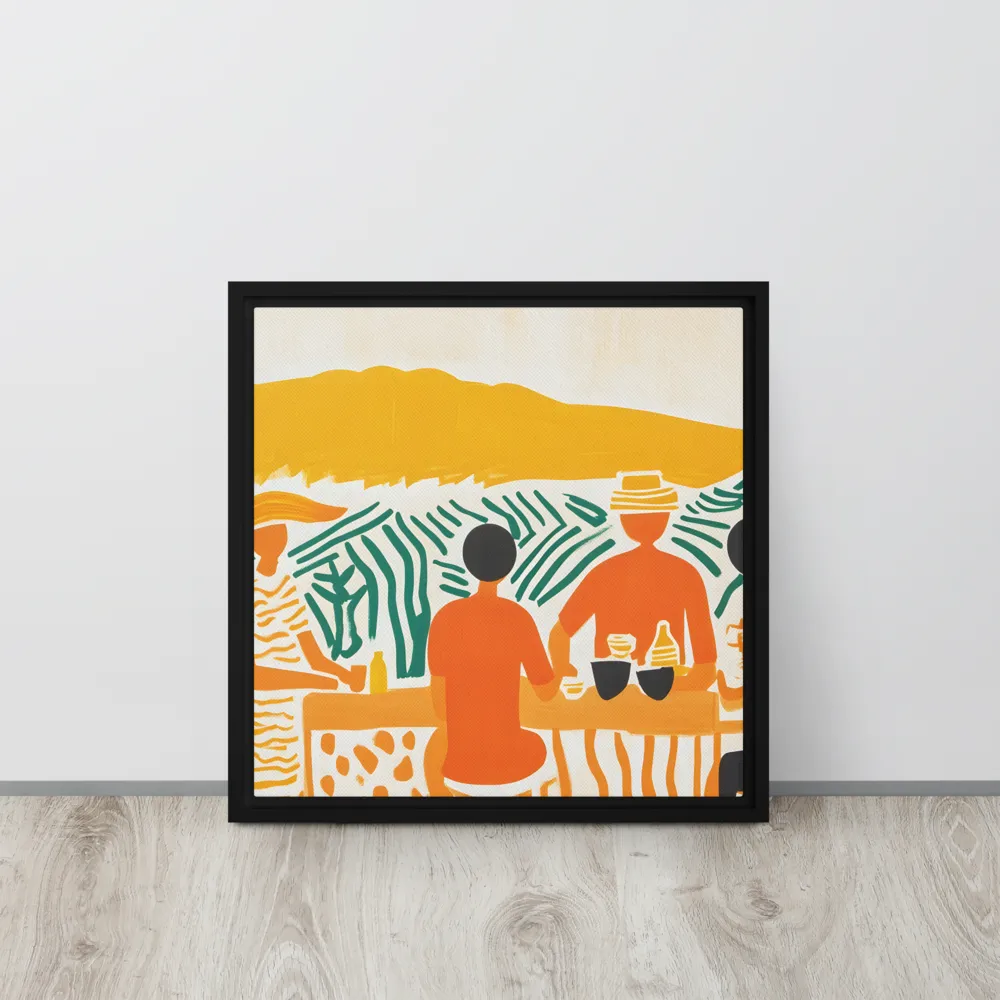 Summer Vibes: Café Conversations | Canvas with Black Frame | 16″×16″