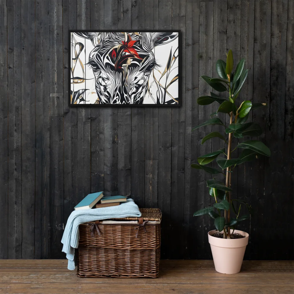 Floral Elegance: The Giraffe's Portrait | Canvas with Black Frame | 20″×30″