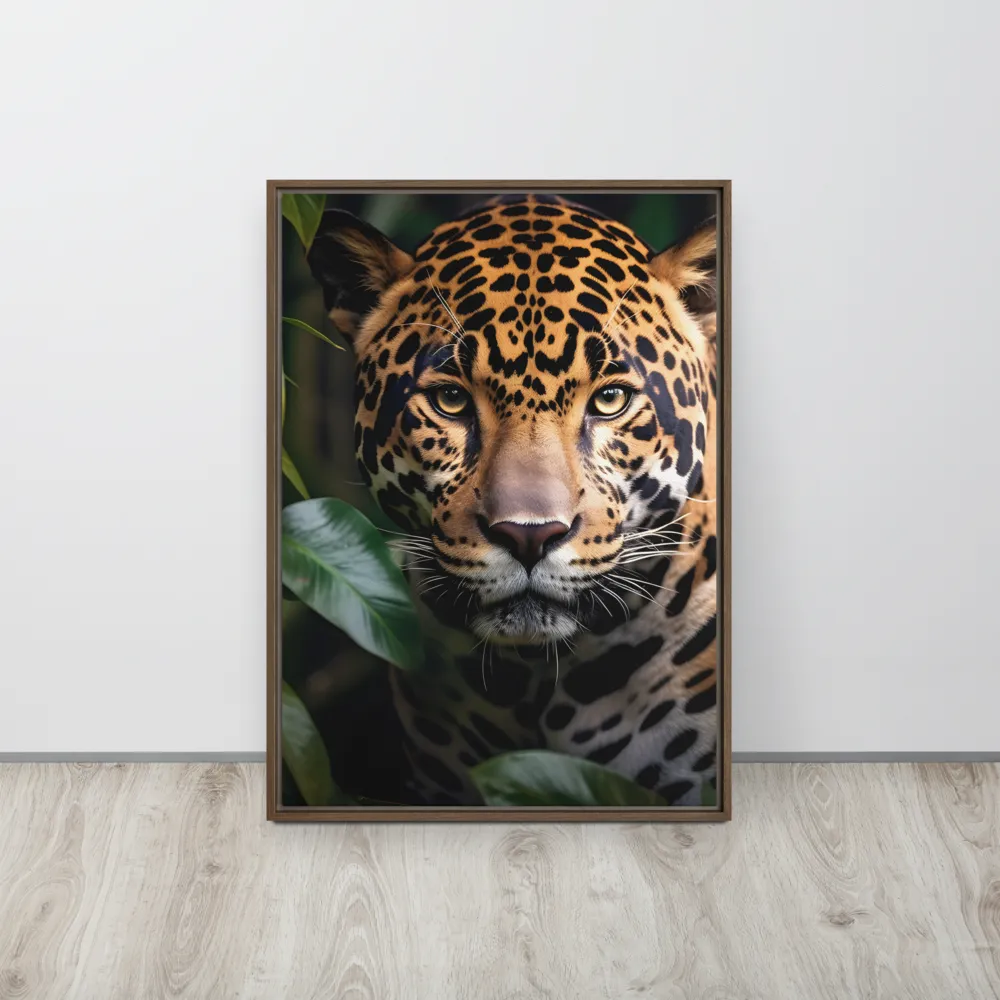 The Intensity of Nature: A Jaguar’s Gaze | Canvas with Brown Frame | 20″×28″