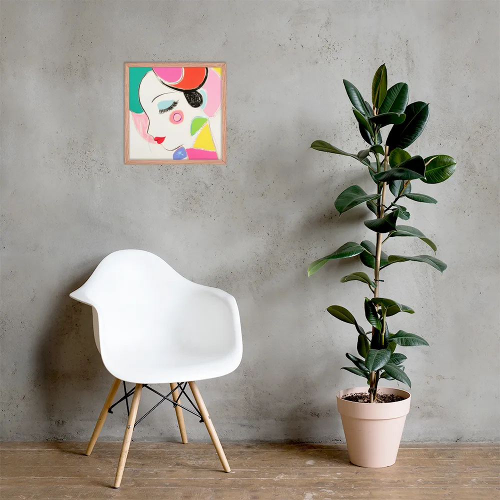 Whimsical Portrait in Colorful Abstraction | Poster with Red oak Frame | 16″×16″