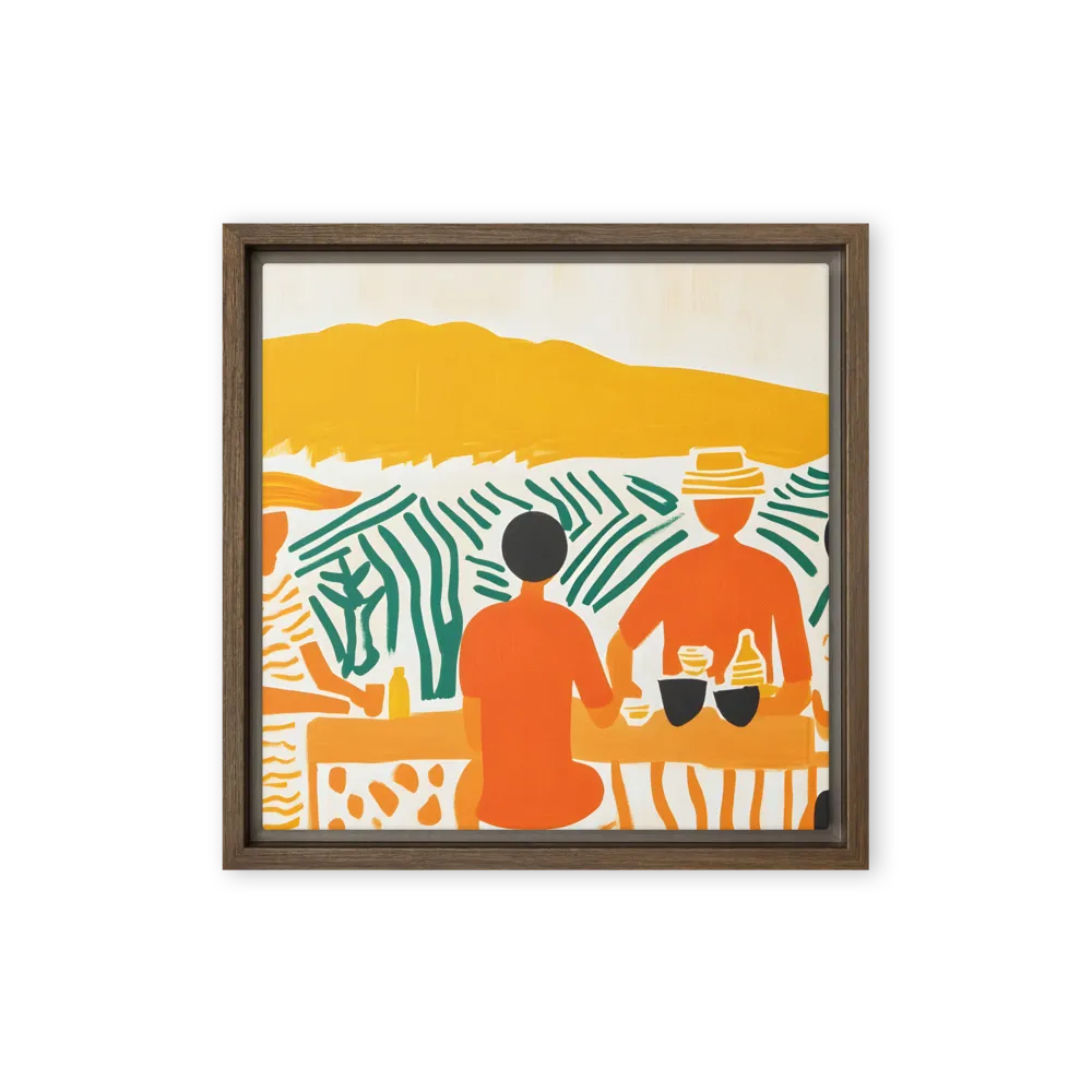 Summer Vibes: Café Conversations | Canvas with Brown Frame | 12″×12″