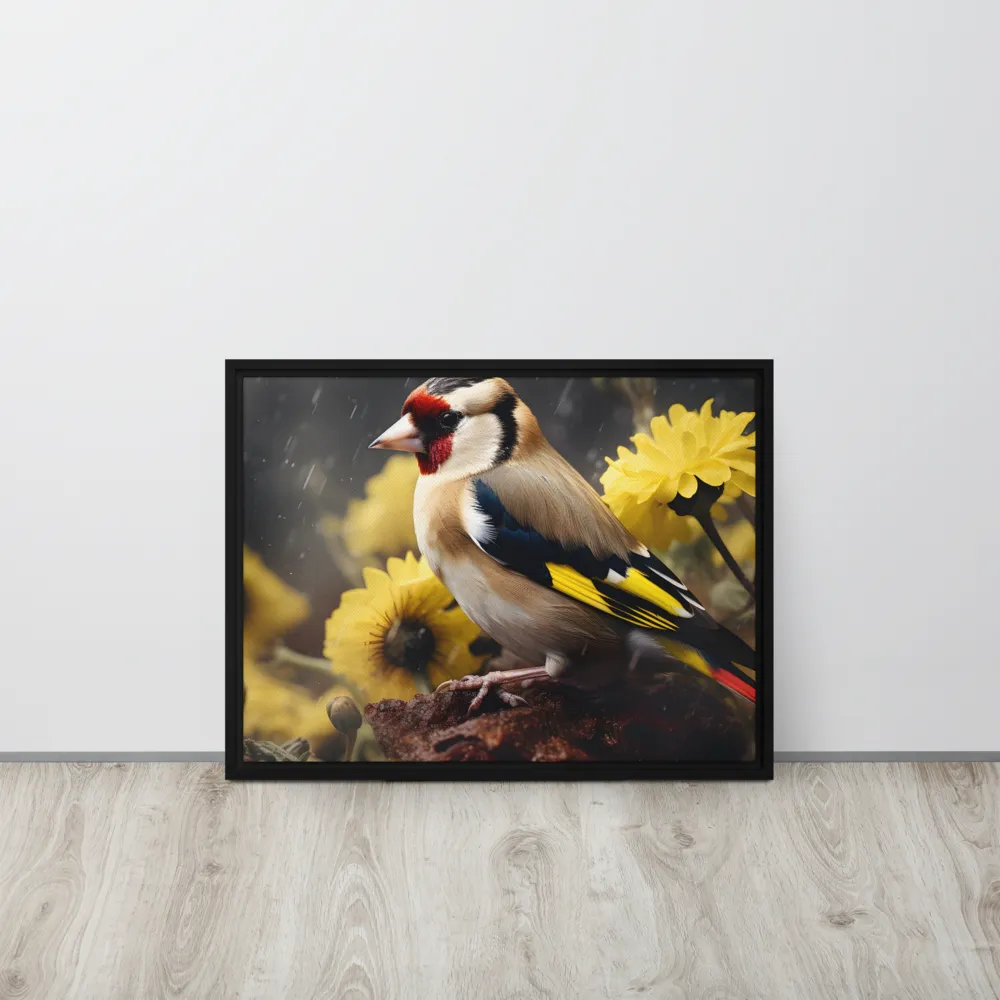 Harmony in Nature: A Goldfinch Amidst Blooms | Canvas with Black Frame | 18″×24″