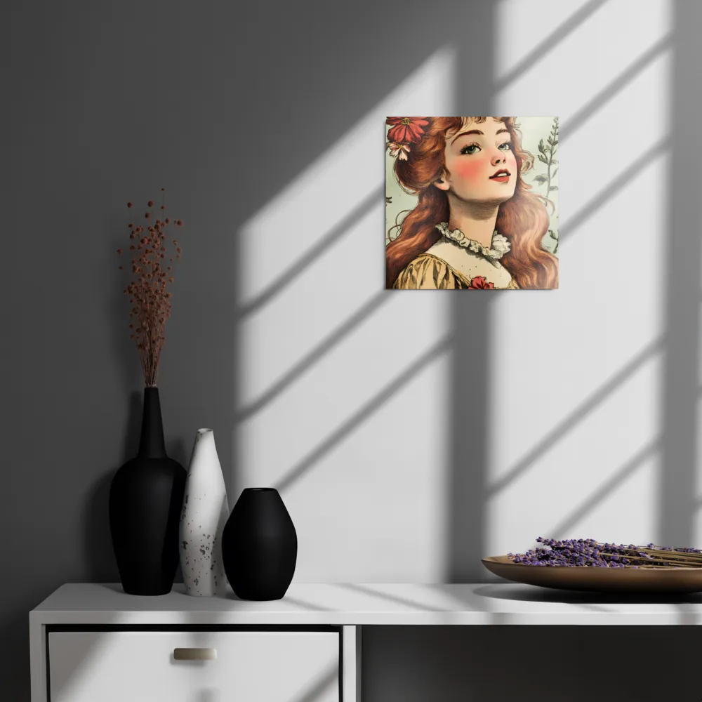 Whimsical Portrait of a Flower-Adorned Girl | Metal Print | 12″×12″