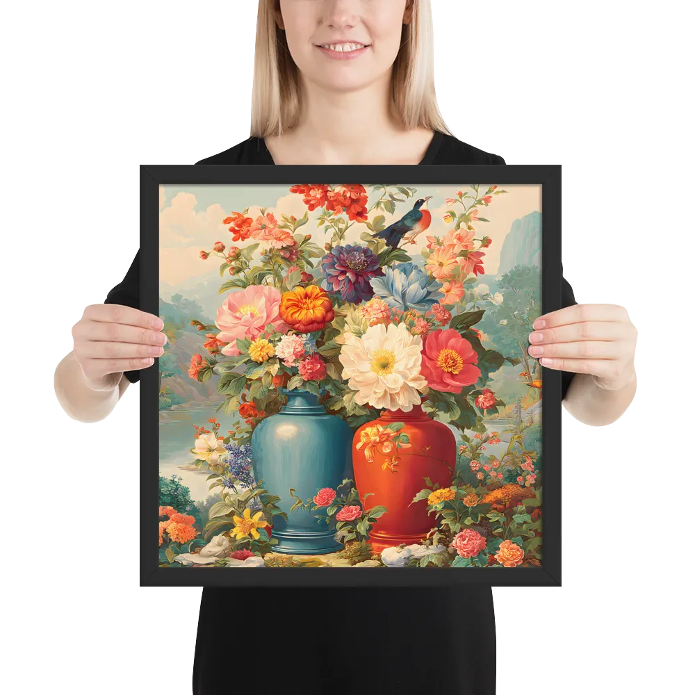 Twin Vases in Bloom 
 Poster with Black Frame | 16″x 16″