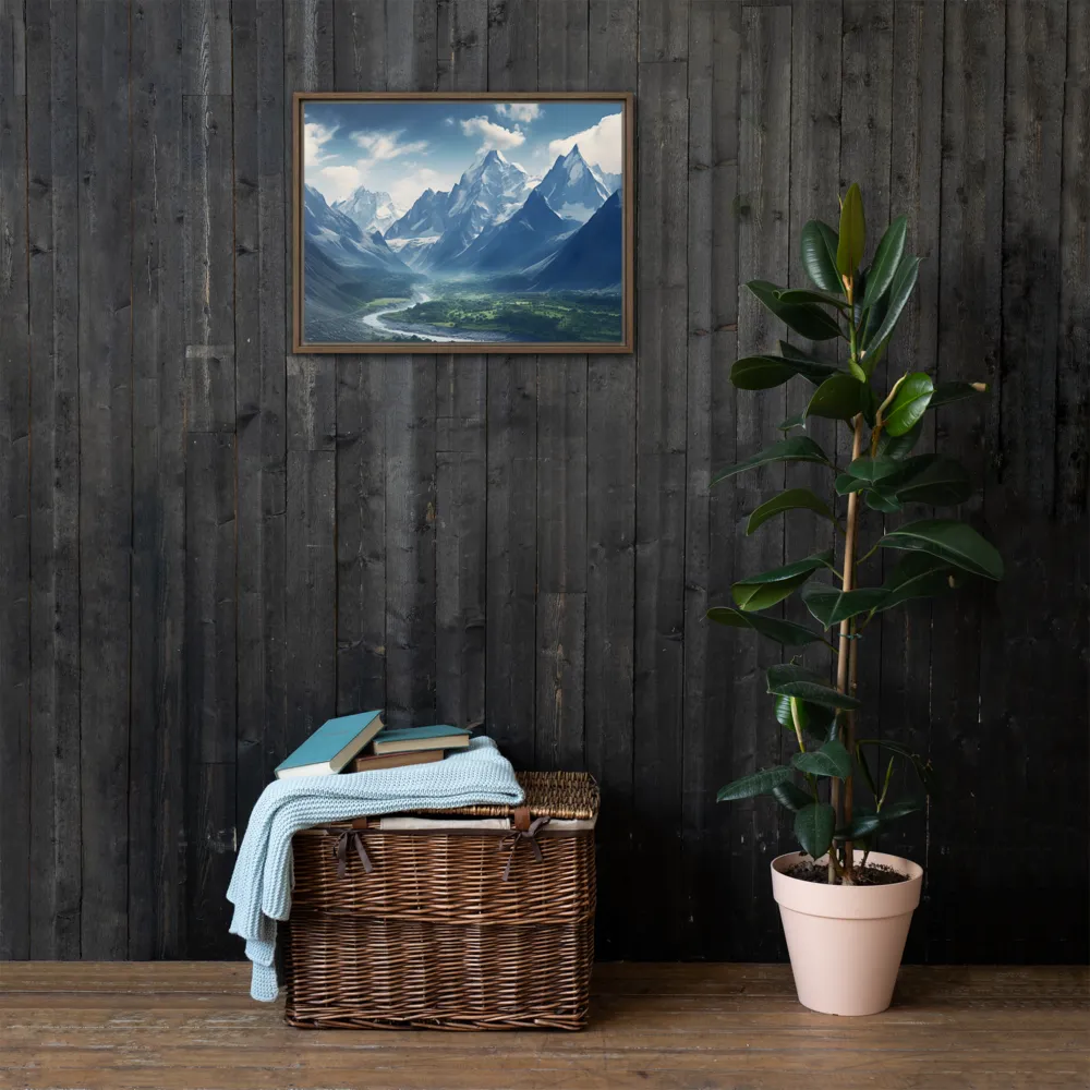 Majestic Serenity: A Landscape of Mountains and Rivers | Canvas with Brown Frame | 18″×24″