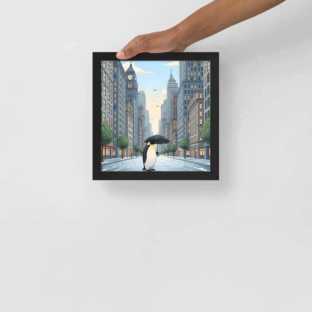 Penguin in the City 
 Poster with Black Frame | 10″x 10″