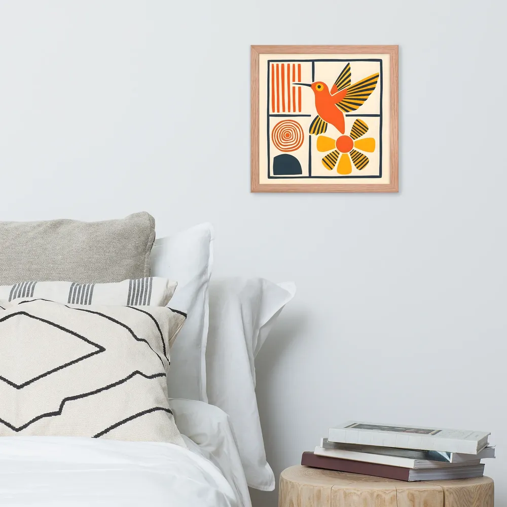 Hummingbird & Flower Panel 
 Poster with Red oak Frame | 14″x 14″