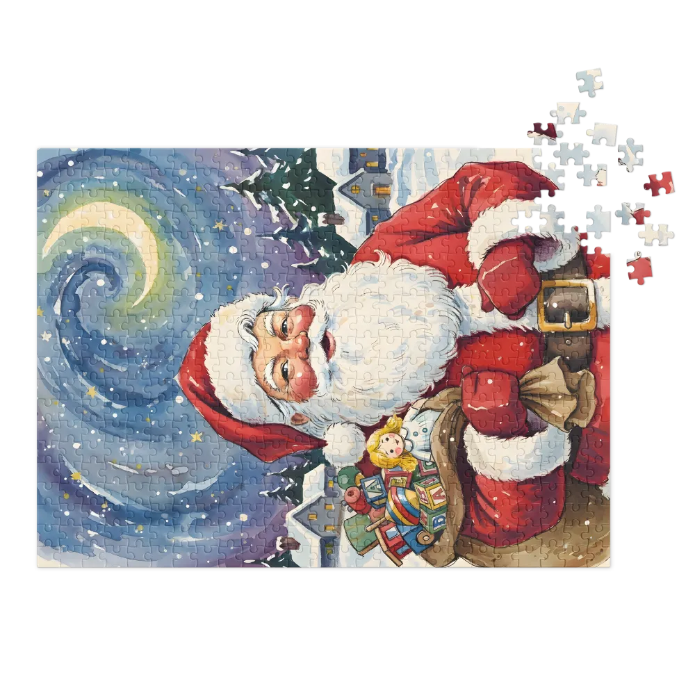 Watercolor Santa's Night 
 Jigsaw Puzzle in Tin Box