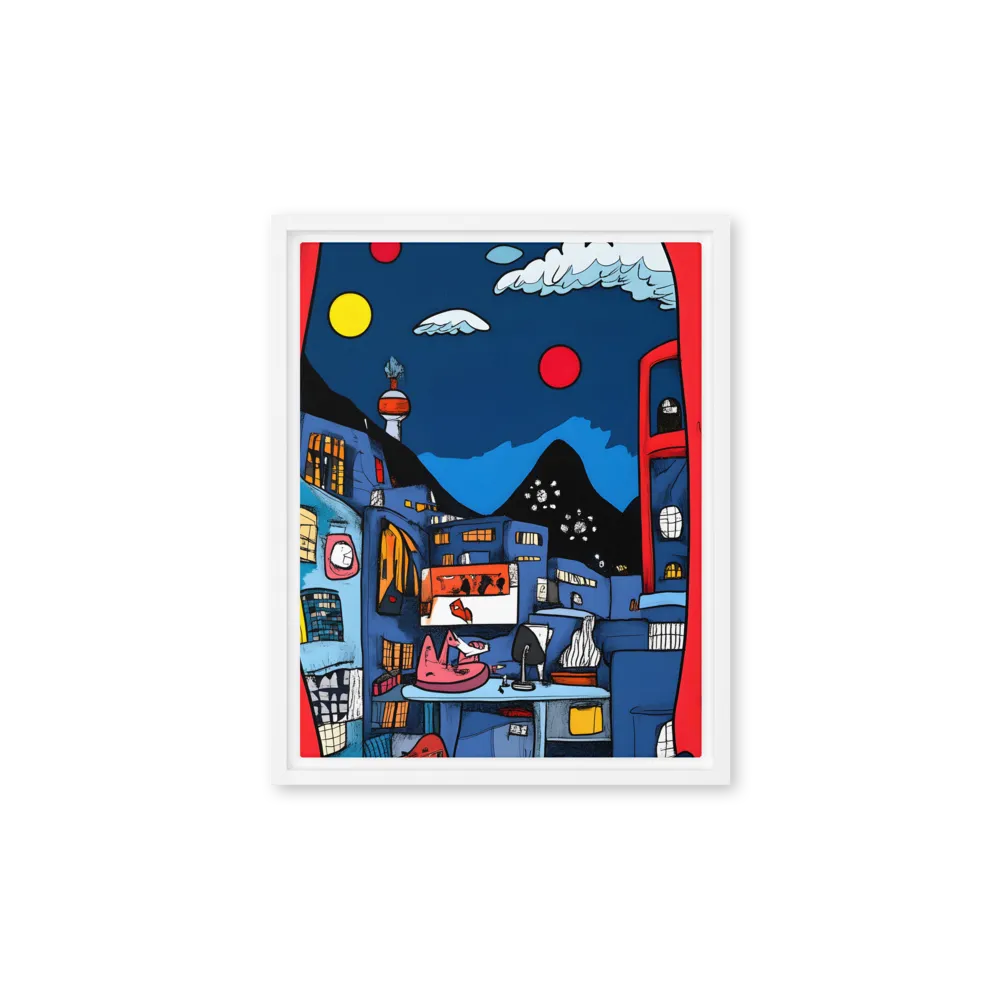 Whimsical Cityscape at Night | Canvas with White Frame | 11″×14″