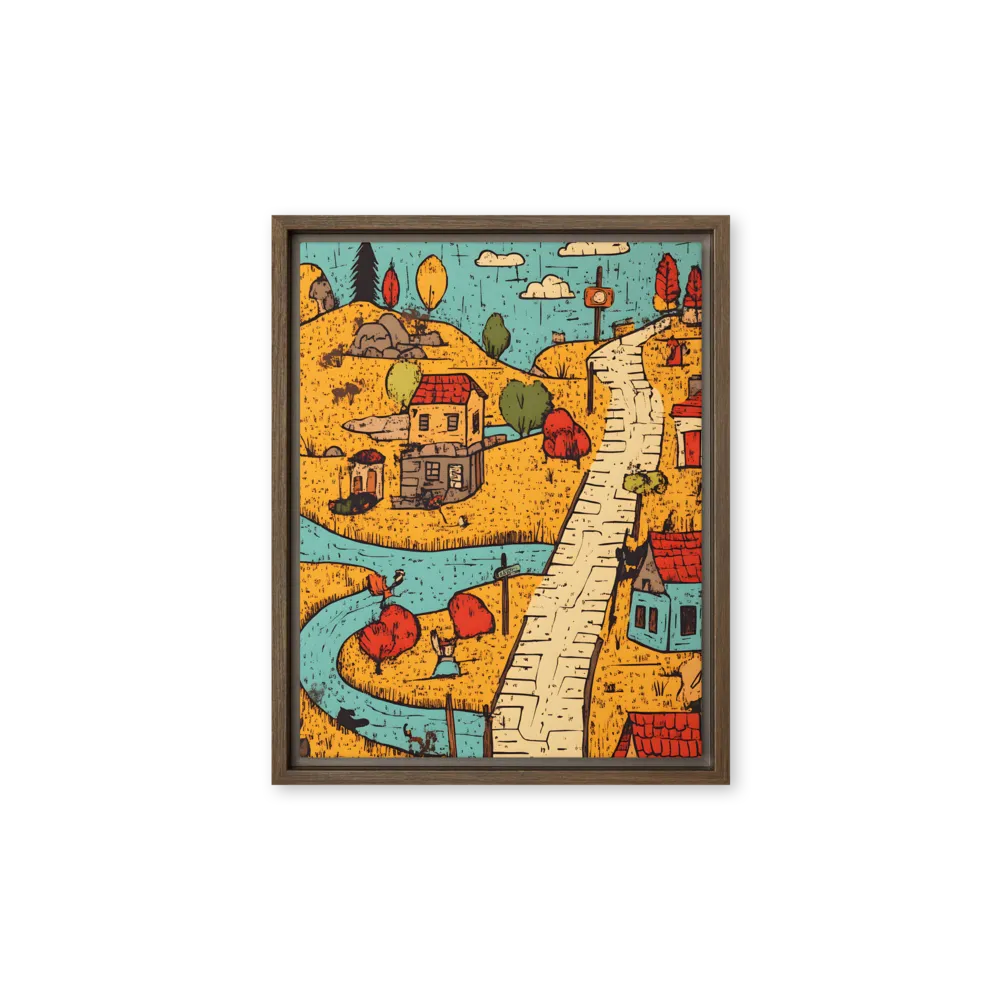 Whimsical Village Landscape | Canvas with Brown Frame | 11″×14″