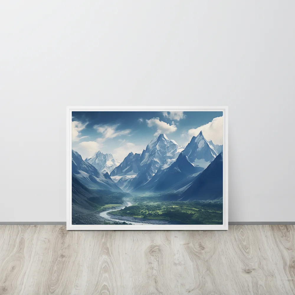 Majestic Serenity: A Landscape of Mountains and Rivers | Canvas with White Frame | 18″×24″