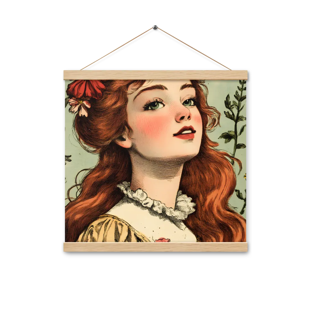 Whimsical Portrait of a Flower-Adorned Girl | Poster With Oak Wood Hanger | 16″×16″