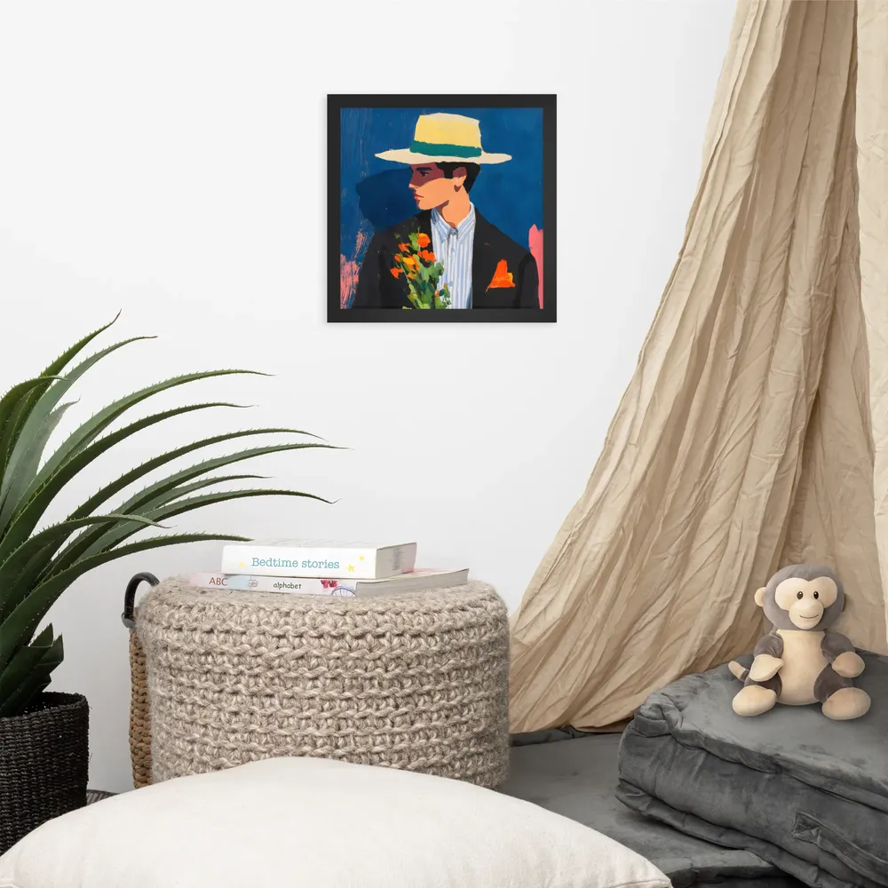 Portrait with Hat and Flowers 
 Poster with Black Frame | 12″x 12″