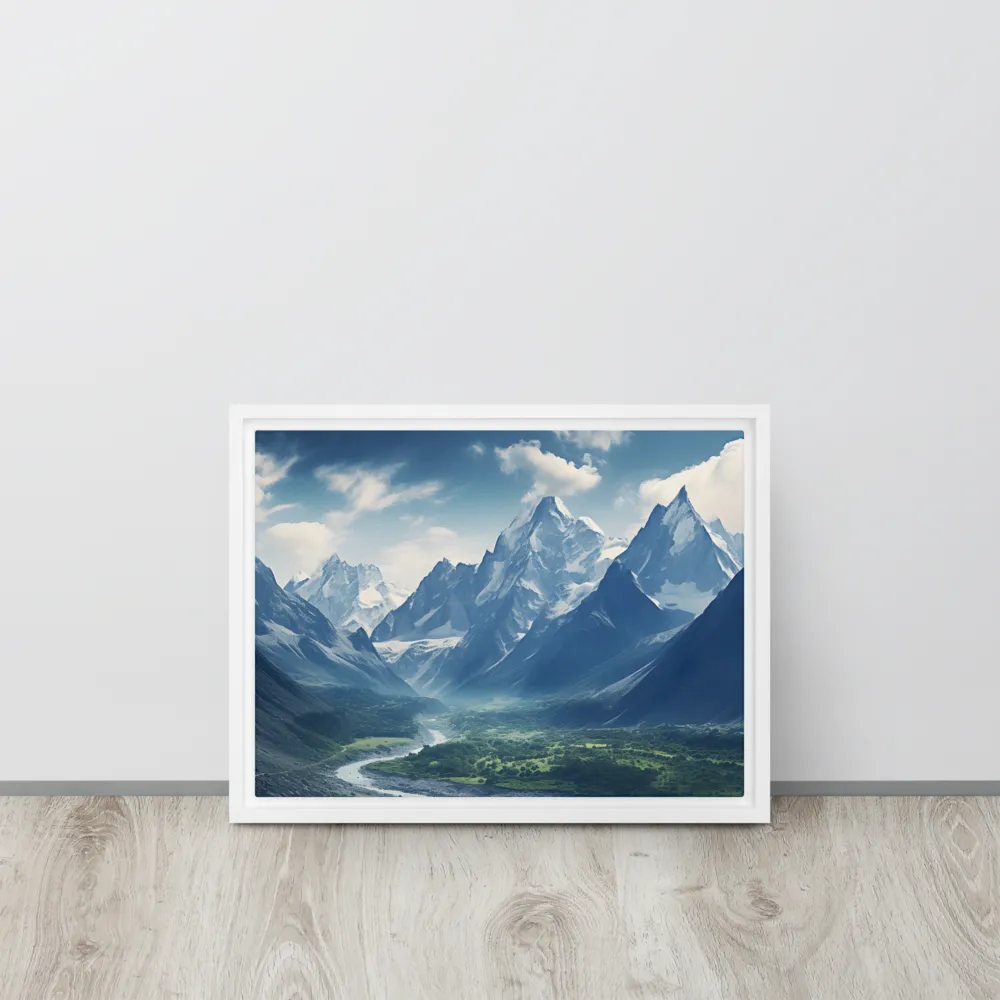 Majestic Serenity: A Landscape of Mountains and Rivers | Canvas with White Frame | 12″×16″