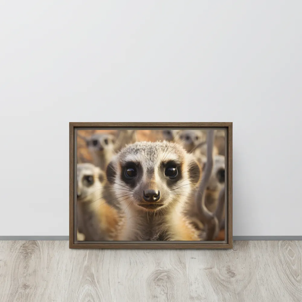 Curious Meerkats in Community | Canvas with Brown Frame | 12″×16″